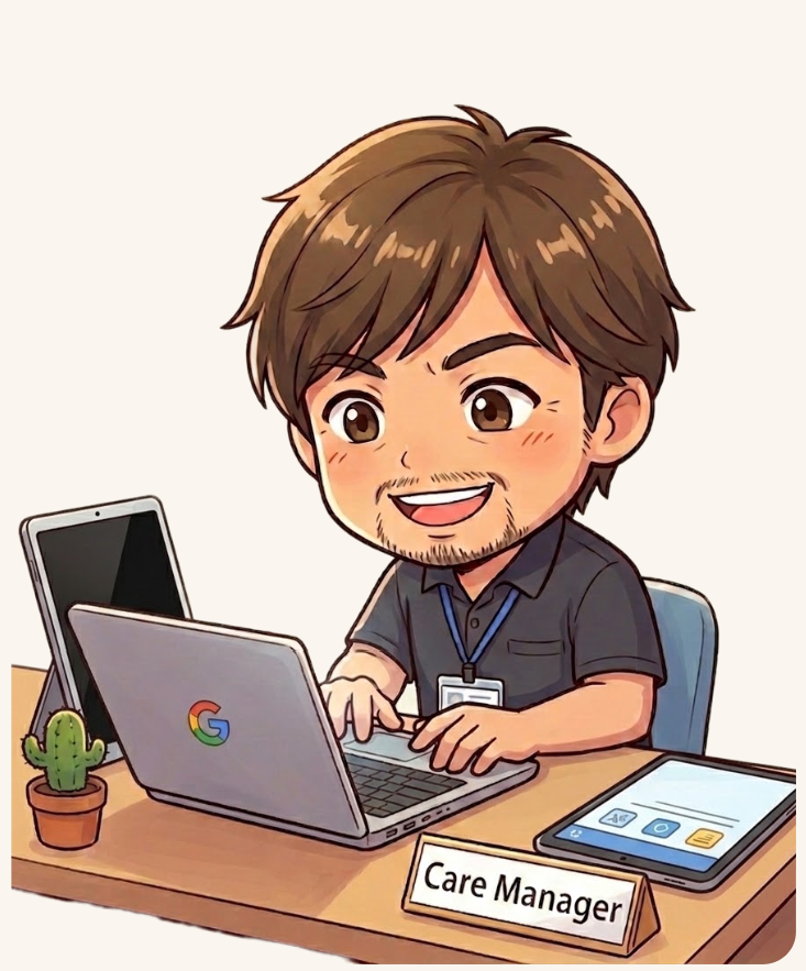 ケアマネジャーがGoogle Workspaceを活用して業務を行うイメージ